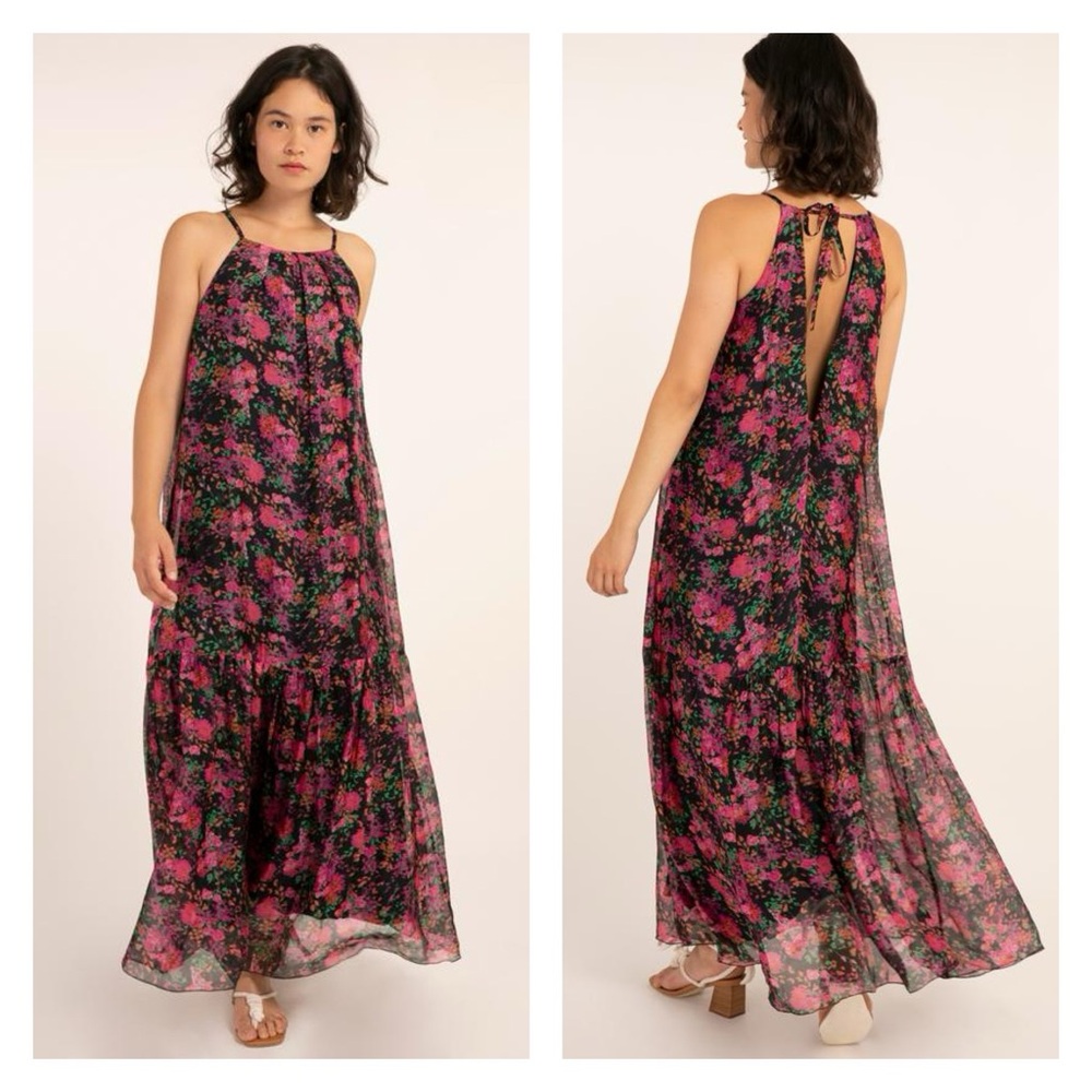 FRNCH Silk Aneth Floral Halter Neck Boho Swingy Maxi Dress  Resort Vacation S